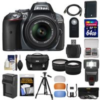 Nikon D5300 Digital SLR Camera & 18-55mm G VR DX II AF-S Lens (Grey) with 64GB Card + Battery + Charger + Case + Tripod + Flash + Tele/Wide Lens Kit