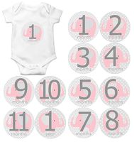 Gift Set of 12 Round Keepsake Photography Monthly Baby Stickers with Pink and Gray Elephants MOSG044