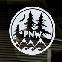 PNW Decal Round Vinyl Window Laptop Water Proof Water Bottle Sticker Graphic 4" White Mountain Ocean Pine Tree Moon