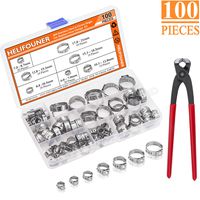 HELIFOUNER 100 Pieces 6-21mm 304 Stainless Steel Single Ear Stepless Hose Clamps with Pincers Kit