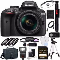 Nikon D3400 DSLR Camera with 18-55mm AF-P DX Lens (Black) + Sony 32GB UHS-I SDHC Memory Card (Class 10) + Remote + Card Readed + Tripod + Flash Bundle