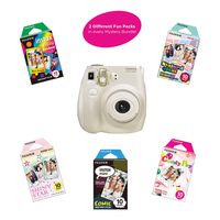 Fujifilm Instax Mini 7S Instant Camera (Certified Refurbished) with Mystery Film Pack Bundle | 2 Mystery Film Fun Packs of 10 Sheets | Rainbow, Shiny Star, Comic, Candy Pop & Stained Glass (White)