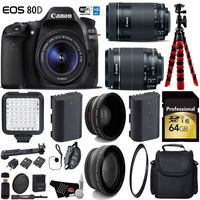 Canon EOS 80D DSLR Camera with 18-55mm is STM Lens & 55-250mm is STM Lens + LED + UV FLD CPL Filter Kit + Wide Angle & Telephoto Lens + Camera Case + Tripod + Card Reader - International Version