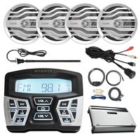 Hifonics Marine Bluetooth AM/FM Gauge Mount Radio Receiver, 4X MB Quart 6.5" 120W 2-Way Boat Speakers, 4-Channel Nautical Amplifier, AMP Installation Kit, AM/FM Black Antenna, USB AUX Interface Mount