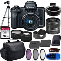 Canon EOS M50 Mirrorless Digital Camera (Black) & 15-45mm STM Lens w/EOS M Mount Adapter + 32GB Transcend Memory Card, Shoulder Bag & Essential Accessory Bundle