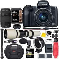 Canon M50 Mirrorless Camera Lens Bundle; 15-45mm is STM, 75-300mm III, 500mm, Lens Converter, T-Mount, Lexar 64GB U3 and Accessory Bundle