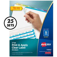 Avery 5-Tab Binder Dividers, Easy Print & Apply Clear Label Strip, Index Maker, Pastel Tabs, 25 Sets (11992)