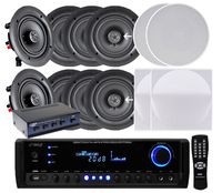 Pyle KTHSP690S 4 Pairs of 200W 6.5" In-Wall / In-Ceiling Stereo White Speakers w/ 300W Digital Home Stereo Receiver w/ USB/SD/AUX Input, Remote w/ 4 Channel High Power Stereo Speaker Selector