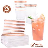 Rose Gold Plastic Cups - 12oz. Rose Gold Cups 3 Designs 25 Polka Dots, 25 Four Rim, 25 Double Rim Cups- 75 Table Napkins - Party Cups for Wedding, Baby Shower, Cocktail Party, Bachelorette Party
