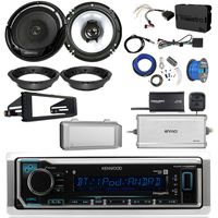 Kenwood KMMBT322U Single DIN Bluetooth Radio, 2x 6.5" Black Speakers, Adapters, 4-Ch. Amplifier, Amp Kit, Harley Wiring Kit, Weathershield, Dash Kit, Antenna, 16-G 50 Ft Wire (Select '98-'13 Harleys)