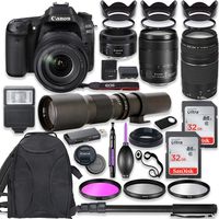 Canon EOS 80D DSLR Camera with 18-135mm USM Lens Bundle + Canon EF 75-300mm III Lens, Canon 50mm f/1.8 and 500mm Preset Lens + Deluxe Backpack + 64GB Memory + Monopod + Professional Bundle