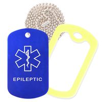 Epileptic Medical Alert ID Necklace with Blue Tag, Yellow Silencer, and 30'' USA Chain - 154 Color Choices