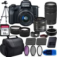 Canon EOS M50 Mirrorless Digital Camera (Black) & 15-45mm STM + 75-300mm III Lens w/EOS M Mount Adapter + 32GB Transcend Memory Card, Shoulder Bag & Essential Accessory Bundle