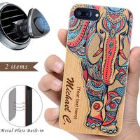 Personalized Phone Case Compatible with iPhone 8Plus, 7Plus, 6Plus, 6s Plus and Magnetic Mount-iProductsUS Wood Cases Printed Elephant Engraved Name, Built-in Metal Plate, TPU Shockproof Covers (5.5")