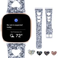 Moonooda Sparkle Watch Band Compatible for Fitbit Versa (1,2)/ Versa Lite Edition/Versa SE Smart Bling Glitter Heart Shape Replacement 23mm Wristband for Women Strap,Silver