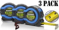 3 Pack - 25 FT - Benchmark Tape Measure / Measuring Tape - Easy to Read Fractions - Large Magnetic Claw Tip - Bulk Pack