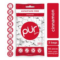 PUR 100% Xylitol Chewing Gum, Cinnamon, Sugar-Free + Aspartame Free, Vegan + non GMO, 55 Count (Pack of 3)