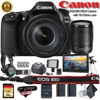 Canon EOS 80D DSLR Camera with 18-135mm Lens (1263C006) W/Bag, Extra Battery, LED Light, Mic, Filters, Tripod, Monitor and More - Professional Bundle