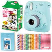 Fujifilm Instax Mini 9 Instant Camera (ICE Blue) + Fuji Instax Mini Instant Film Twin Pack (20 Exposures), Blue Photo Album, 60 Assorted Colorful Mini Sticker Frames + More