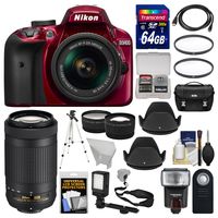 Nikon D3400 Digital SLR Camera & 18-55mm VR (Red) & 70-300mm DX AF-P Lenses with 64GB Card + Case + Flash + Video Light + Tripod + Tele/Wide Lens Kit