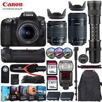 Canon EOS 90D DSLR Camera with Canon 18-55mm STM Lens + Canon 55-250mm STM & 420-800mm Telephoto Preset Zoom Lens + Travel & Video Bundle (TTL Flash, Commander Microphone and More)