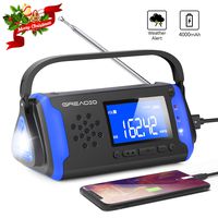 Emergency Weather Solar Radio AM/FM NOAA Crank Radio with Bright Flashlight, Weather Alert, SOS Alarm, AUX Music Player, 4000mAh Power Bank, Big LCD Display for Emergency and Hazard Weather (Blue)