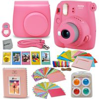 Fujifilm Instax Mini 9 Instant Fuji Camera (Flamingo Pink) + Accessories Bundle + Custom Matching Case w/Neck Strap + Photo Album + Assorted Frames + 4 Color Filters + 60 Sticker Frames + More