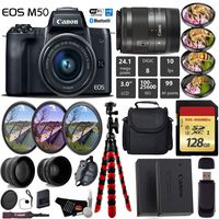 Canon EOS M50 Mirrorless Digital Camera with 15-45mm Lens + UV FLD CPL Filter Kit + 4 PC Macro Kit + Wide Angle & Telephoto Lens + Camera Case + Tripod + Card Reader - International Version