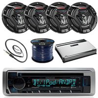 Kenwood KMR-D365BT Marine Boat Radio Stereo CD Player Receiver Bundle Combo With 4x JVC CS-DR6200M 6.5" 2-Way Coaxial Speakers + 360-Watt Amplifier + Enrock Radio Antenna + 50 Foot 16g Speaker Wire