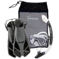 Seavenger Diving Dry Top Snorkel Set with Trek Fin, Single Lens Mask and Gear Bag, L/XL - Size 9 to 13, Gray/Black