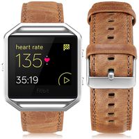 UMAXGET Leather Band Compatible with Fitbit Blaze, Retro Cowhide Genuine Leather Band with Black Silver Metal Frame Compatible with Fitbit Blaze Smart Watch Strap for Men Women, Light Brown Small