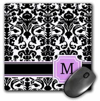 3dRose LLC 8 x 8 x 0.25 Inches Mouse Pad, Personal Initial M Monogrammed Pink Black and White Damask Pattern Girly Stylish Personalized Letter (mp_154388_1)