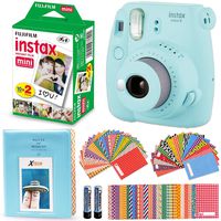 Fujifilm Instax Mini 9 Instant Camera + Fuji Instax Mini Instant Film (20 Pack), Blue Photo Album, 60 Assorted Colorful Mini Sticker Frames (ICE Blue)