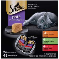 SHEBA PERFECT PORTIONS Wet Cat Food Paté in Natural Juices Savory Chicken, Roasted Turkey, & Tender Beef Entrées Variety Pack, (24) 2.6 oz. Twin-Pack Trays