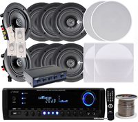 Pyle KTHSP390 4 Pairs of 150W 5.25" In-Wall / In-Ceiling Stereo White Speakers w/ 300W Digital Home Stereo Receiver w/ USB/SD/AUX Input, Remote w/ 4 Channel High Power Stereo Speaker Selector, 4 Volume Controls & 250 ft. Wire