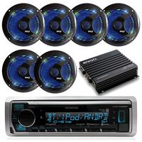 New Kenwood Outdoor Waterproof KMRM315BT ATV Bike Boat Yacht Digital USB AUX Radio Stereo w/Bluetooth, 6x 6.5 Inch LED Color Light Marine Waterproof Speakers, 500 Watt Bluetooth Enrock amplifier Kit (Black)
