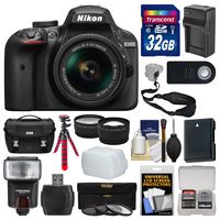 Nikon D3400 Digital SLR Camera & 18-55mm VR DX AF-P Zoom Lens (Black) with 32GB Card + Case + Flash + Battery & Charger + Tripod + Tele/Wide Lens Kit