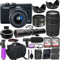 Canon EOS M100 Mirrorless Camera (Black) w/M-Adapter & Canon Lenses - EF-M 15-45mm f/3.5-6.3 is STM and EF 75-300mm f/4-5.6 III + 500mm Preset Telephoto Lens + Deluxe Travel Accessory Bundle