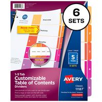 Avery 5-Tab Dividers for 3 Ring Binders, Customizable Table of Contents, Multicolor Tabs, 6 Sets (11187)