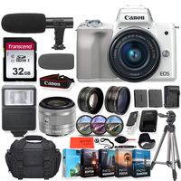 Canon EOS M50 Mirrorless DSLR Camera (White) with 15-45mm Lens + Accessory Kit - Vlogging/Photo Editing Software Package, Pro Microphone w/Windshield, Digital Slave Flash, 32GB Memory, Tripod & More
