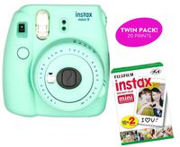 Fujifilm Instax Mini 9 Instant Print Camera (Renewed) Plus Twin Pack of Film Starter Bundle | 10 Sheets x 2 = 20 White Frame Instant Exposure Photograph Sheets (Mint Green)