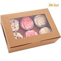 30-Set Cupcake Boxes with Inserts and Window Hold 6 Cupcakes, 9.4'' x 6.3'' x 3'', Brown Food Grade Kraft Cupcake Holder for Cookies, Muffins, Bakeries