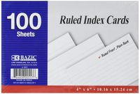 BAZIC 100 Ct. 4" X 6" Ruled White Index Card