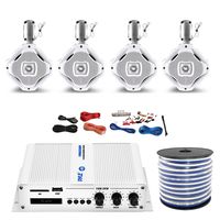 Pyle PFMRA450BW 4-Channel Bridgeable 400 Watts RMS Marine Amplifier, 4X Lanzar AQWB65W 6.5-Inch 2-Way 500 Watt Wake Board Tower Speakers - White, Pyle 8 Gauge Amp Install Kit, Enrock 18g Speaker Wire