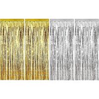 Anasu 4 Pack Foil Fringe Curtains Photo Backdrop, Shiny Metallic Tinsel Party Door Curtain Photo Booth Props Birthday Wedding Bridal Baby Shower Party Decorations (Gold+Silver, 4 Pack)