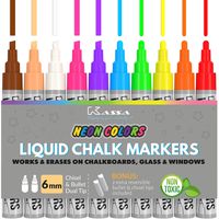 Kassa Liquid Chalk Markers for Blackboards (10 Neon Colors) - Chalkboard Marker Erases on Glass, Window, Black Board, Mirror - Chalk Pens Include Reversible Chisel & Bullet Tip - Non-Toxic Ink