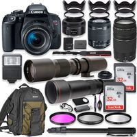 Canon EOS Rebel T7i DSLR Camera with 18-55mm Lens Bundle + Canon EF 75-300mm III Lens, Canon 50mm f/1.8, 500mm Lens & 650-1300mm Lens + Canon Backpack + 64GB Memory + Monopod + Professional Bundle