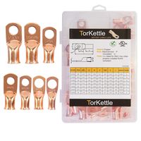 Torkettle Copper Battery Ring Terminal Connectors,UL Listed AWG Cable Wire Lugs Ends Assorted 7 Sizes Kit-50PCS,Marine Grade Wiring Eyelets