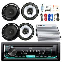JVC KDR690S Car CD Player Receiver USB AUX Radio - Bundle Combo with 2X Kenwood KFC1665S 6.5" Inch 300-Watt 2-Way Black Car Coaxial Speakers + 4-Channel Amplifier + Amp Install Kit