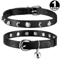 JOANSAN Adjustable Cat Collars Bell and Rhinestone, Basic Classic Black Leather, Safety Pet Cats Collar with Elastic, Length 7-10 Inch Fit for Cats, Kitten and Puppy